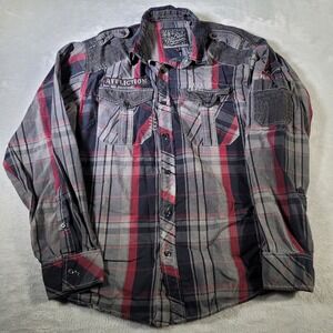 Affliction Shirt Mens XL Red Grey Plaid Black Premium Button Down Distressed Y2K